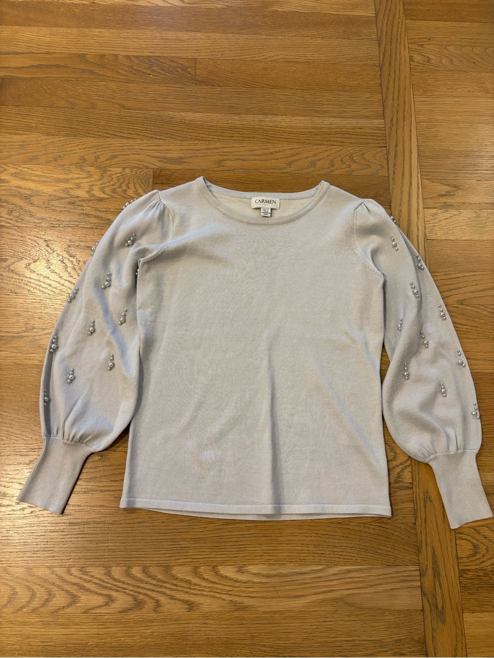 Carmen Light Blue Embellished Puff-Sleeve Crew Neck Sweater
